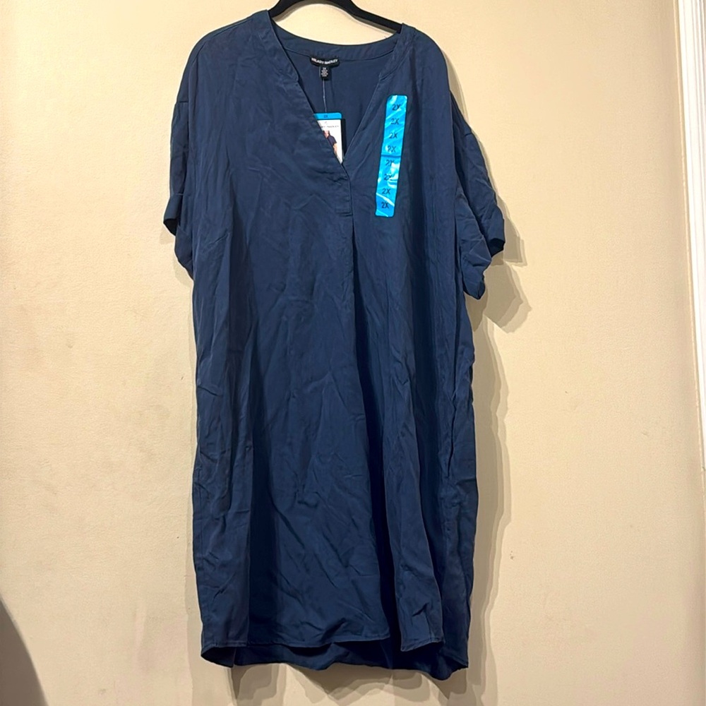 Hilary Radley Navy Tencel Dress 2x New NWT Plus Size V Neck Pockets Shirt Dress